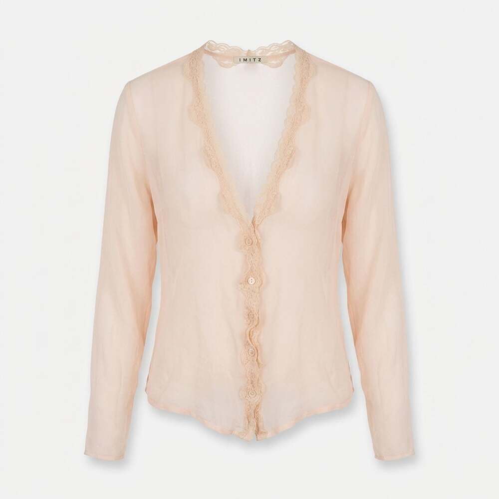 Imitz Sheer Lace Trim Button Down Blouse Size 1